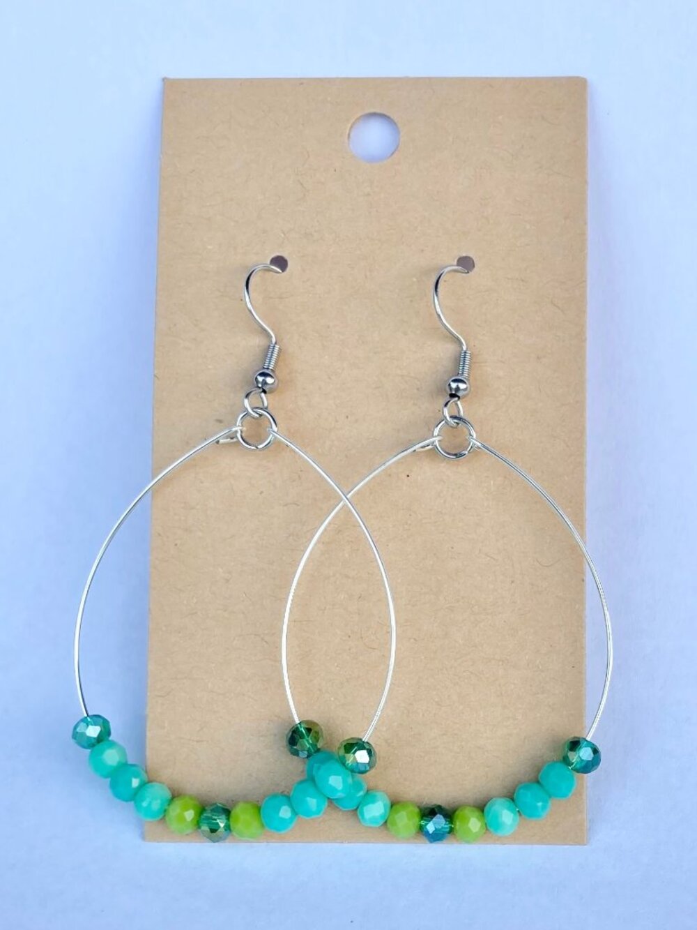 Handmade blue and green hoop/drop style feminine earrings, fun teardrop earrings